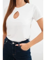 Dámska viskózna rebrovaná blúzka s ozdobným výstrihom biela