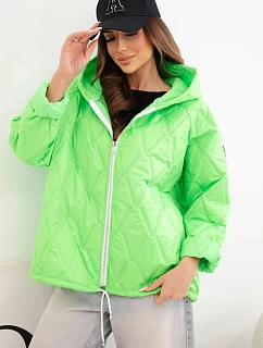 Dámska jarná prešívaná bunda s kapucňou a zipsom neónovo zelená