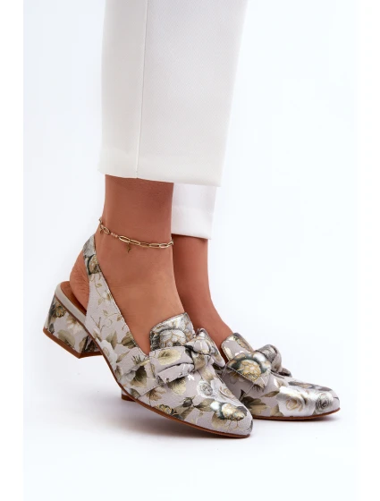 Damskie Skórzane Sandały Na Niskim Obcasie W Kwiaty Maciejka N6539-38 Zielone