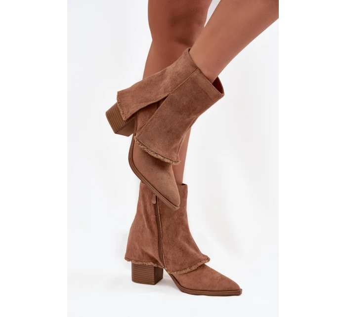 Dámské kotníkové boty na podpatku s límcem světle hnědé model 21714385 - Boto