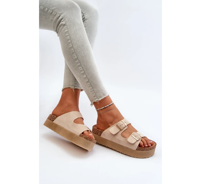 Damskie Klapki Na Platformie Z Klamrami Beżowe Lolpey