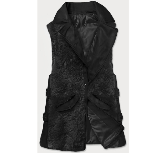 Elegantní černá vesta z eko kůže a kožešiny model 15831755 - S'WEST