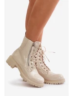 Lakierowane Botki Workery Na Zamek Ocieplane Beżowe Ravanthia