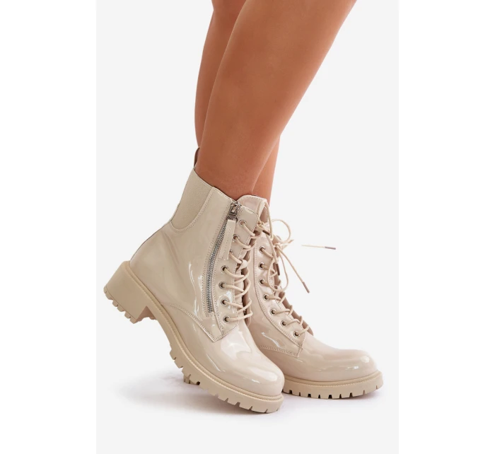 Lakierowane Botki Workery Na Zamek Ocieplane Beżowe Ravanthia
