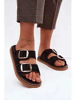 Dámské pantofle z imitace semiše s zlatými přezkami Černé model 22122722 - Boto