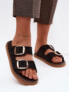 Dámské pantofle z imitace semiše s zlatými přezkami Černé model 22122722 - Boto