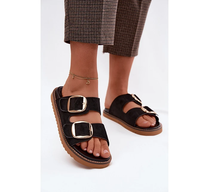 Dámské pantofle z imitace semiše s zlatými přezkami Černé model 22122722 - Boto