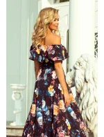Dlhé dámske čierne šaty s farebnými kvetmi a španielskym výstrihom model 7118058