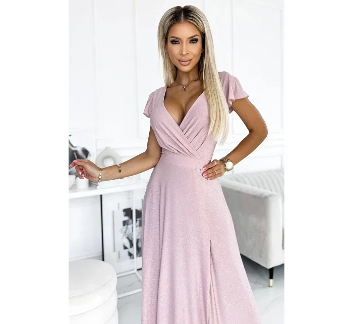 411-6 CRYSTAL trblietavé dlhé šaty s výstrihom - BRUCE PINK 411-6 CRYSTAL trblietavé dlhé šaty s výstrihom - BRUCE PINK