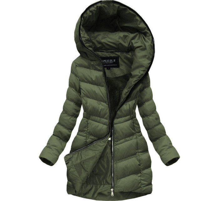 Prešívaná dámska zimná bunda v khaki farbe s kapucňou (W749-1)