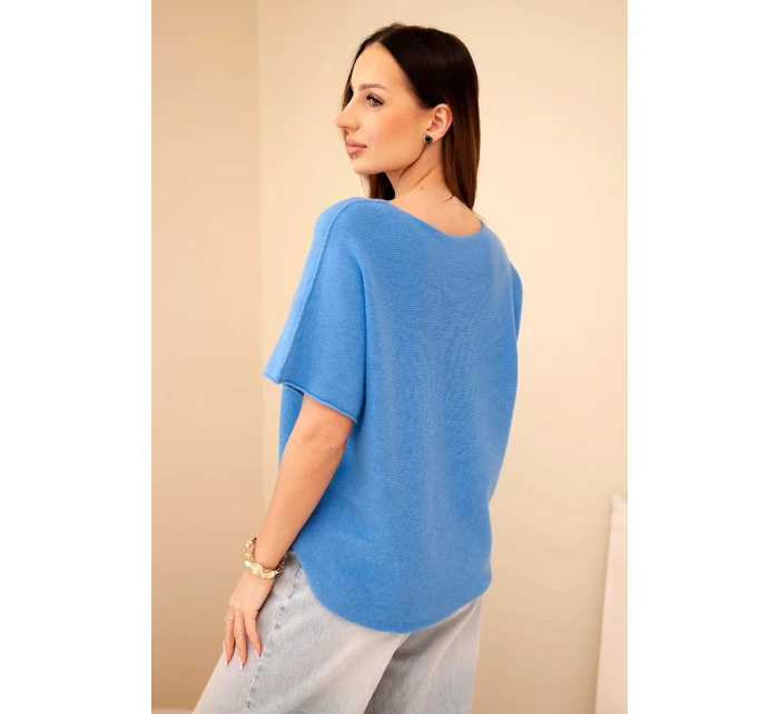 Dámsky sveter s krátkym rukávom voľného strihu modrý Dámsky sveter s krátkym rukávom voľného strihu modrý