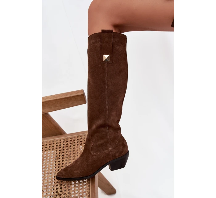 Kožené semišové kozačky cowboyové zateplené Zazoo 4224 čokoládové