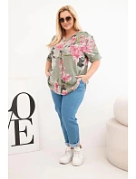 Dámske bavlnené Plus veľkosť V-neck blúzka v kvetinovej Khaki vzor