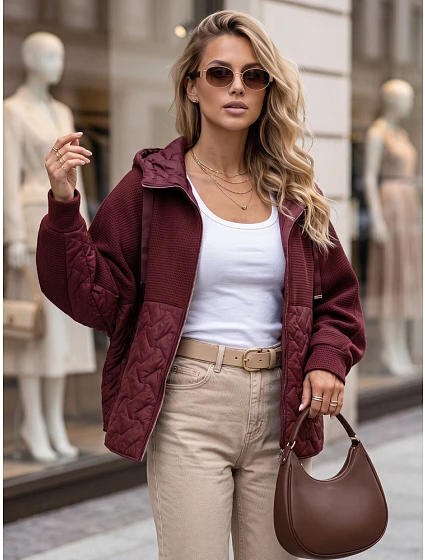 Dámska oversize prechodová bunda s kapucňou, bordová, FashionStreet TY5916 Dámska oversize prechodová bunda s kapucňou, bordová, FashionStreet TY5916