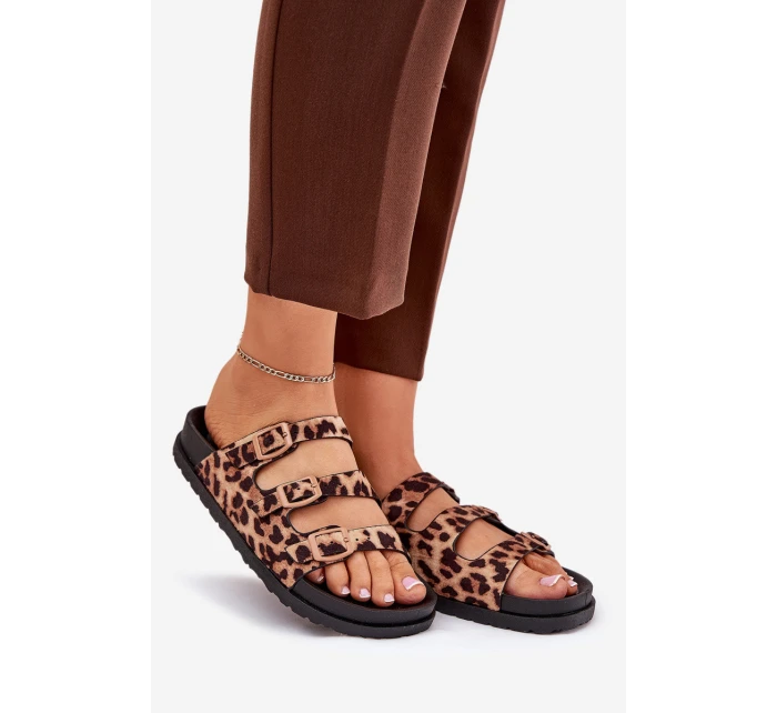 Klapki Damskie Z Paskami I Klamrami W Panterkę Brązowe Uliri Klapki Damskie Z Paskami I Klamrami W Panterkę Brązowe Uliri