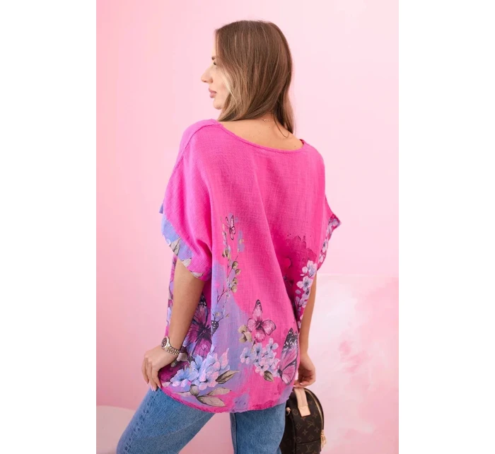 Dámske bavlnené tričko s motýľmi a kvetmi ružové