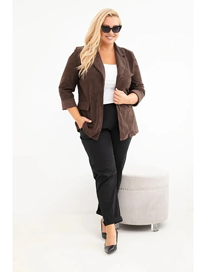 Dámské sako Plus Size manšestrové s klopami a kapsami hnědá Dámské sako Plus Size manšestrové s klopami a kapsami hnědá
