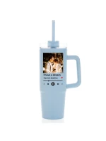 Cestovní termoska s průhledným víčkem s vlastním odkazem na oblíbenou písničku