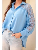Dámská viskózová košile s krajkovými rukávy a límečkem modrá Dámská viskózová košile s krajkovými rukávy a límečkem modrá