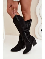 Dámske kovbojské čižmy na podpätku s ozdobou Jovina - čierne Dámske kovbojské čižmy na podpätku s ozdobou Jovina - čierne