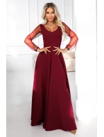 LORETTA dlouhé šaty s rukávy a výstřihem vínové model 21791769 - numoco