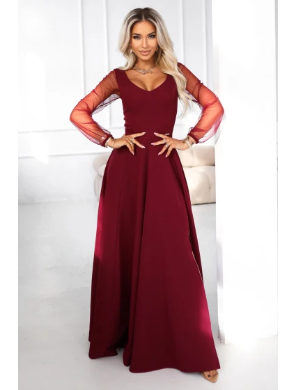 LORETTA dlouhé šaty s rukávy a výstřihem vínové model 21791769 - numoco