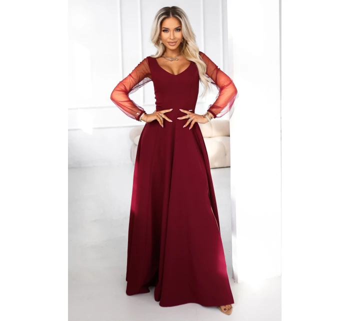 LORETTA dlouhé šaty s rukávy a výstřihem vínové model 21791769 - numoco