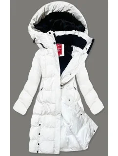Biela dlhá dámska zimná bunda s kožušinovou podšívkou (2M-025)