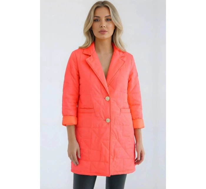 Dámská bunda Plus Size prošívaná s ozdobnými knoflíky a límcem neonově růžová