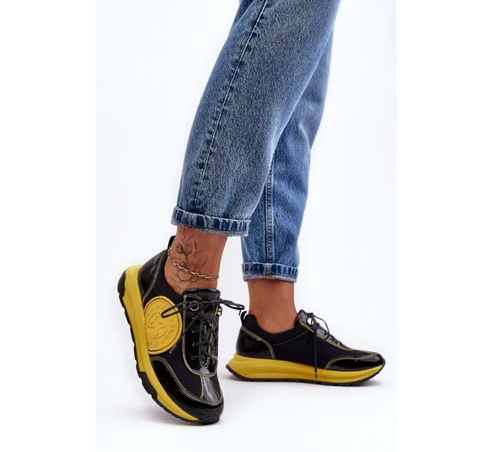 Damskie Buty Sportowe Skórzane Maciejka 06295-01 Czarno-Żółte