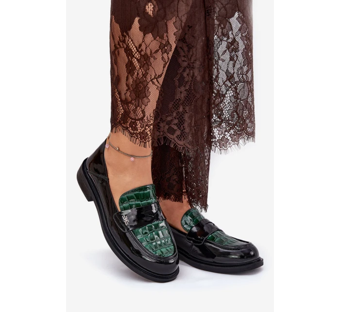 Lakierowane Skórzane Mokasyny Damskie Vinceza 91125 Zielono-Czarne