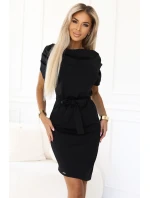 240-8 ROXI šaty s asymetrickou sukňou a opaskom - ČIERNE