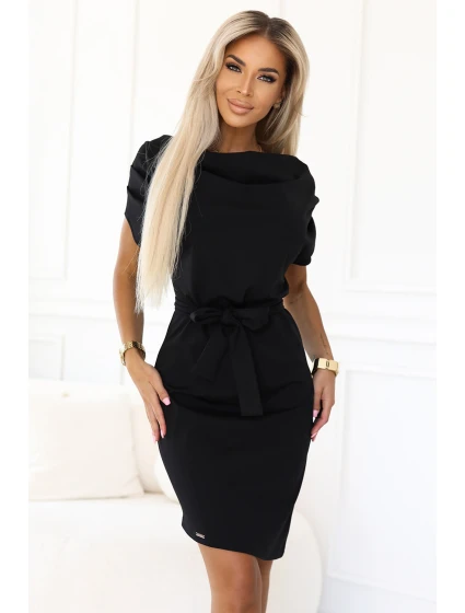 240-8 ROXI šaty s asymetrickou sukňou a opaskom - ČIERNE