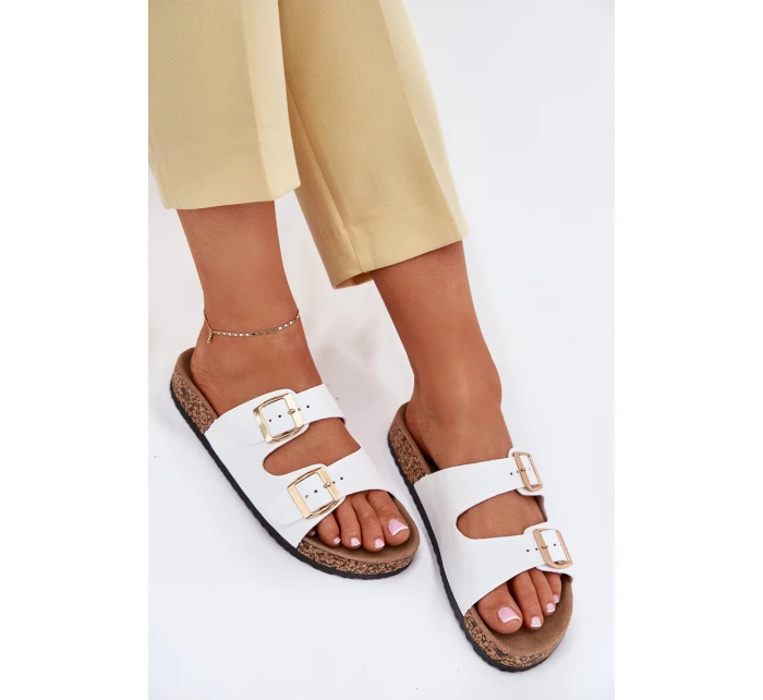 Klapki Damskie Z Klamrami Z Eko Skóry Białe Iskira Klapki Damskie Z Klamrami Z Eko Skóry Białe Iskira