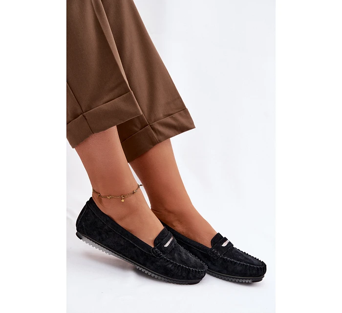 Dámské ploché mokasíny z přírodního semiše model 22101305 Černé - S.Barski
