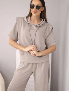 Dámský komplet mikina s kapucí a volné kalhoty se šňůrkou máslový fango