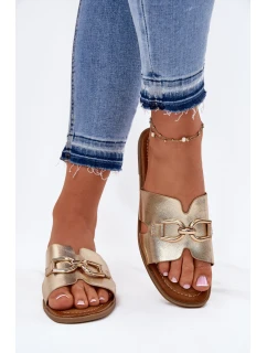 Klapki Damskie Płaskie Z Ozdobnym Detalem Złote Amiresna