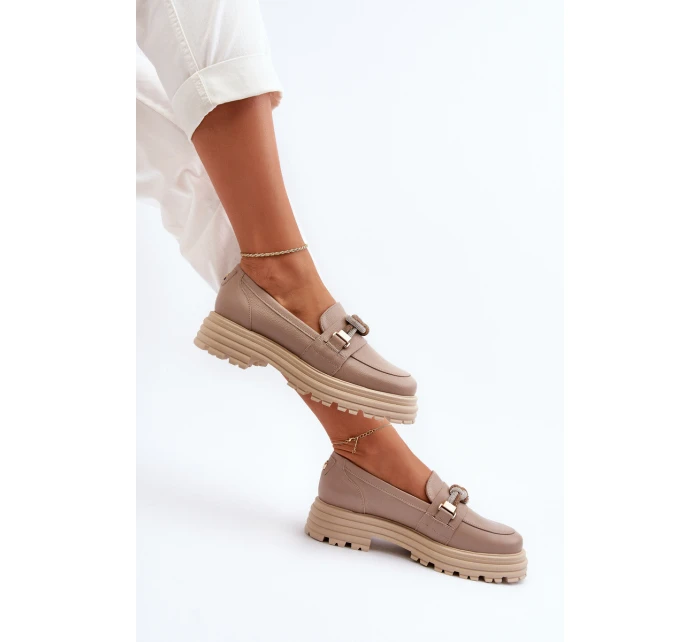 Skórzane Mokasyny Damskie Z Ozdobą Laura Messi 2780 Ciemnobeżowe