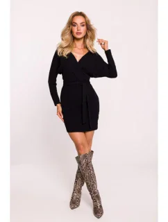 M819 Rebrované pletené zavinovacie šaty - čierne
