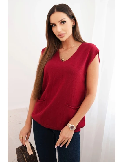 Dámský viskózový svetr bez rukávů s kapsami a V výstřihem bordový