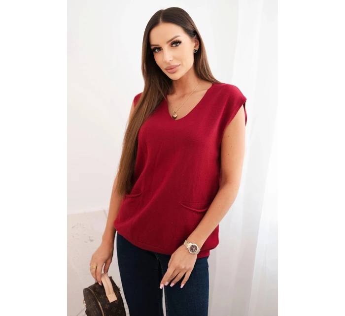 Dámský viskózový svetr bez rukávů s kapsami a V výstřihem bordový