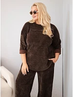 Dámská souprava Plus Size z viskózy manšestrová se širokými kalhotami a mikinou hnědá