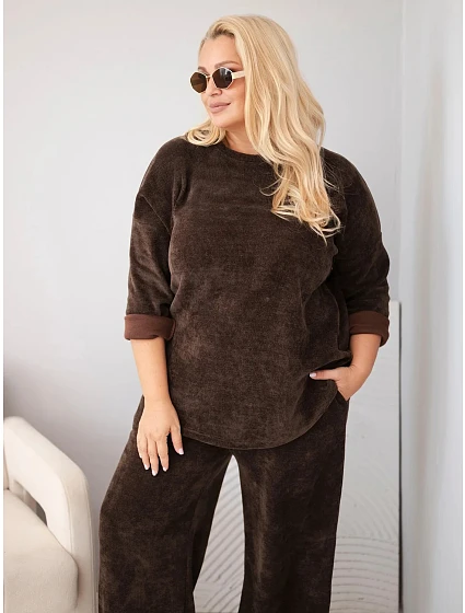 Dámská souprava Plus Size z viskózy manšestrová se širokými kalhotami a mikinou hnědá