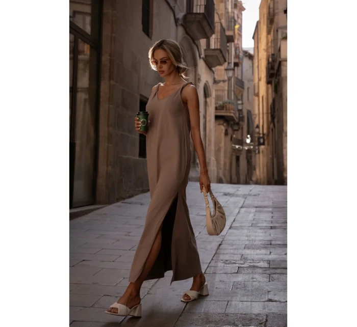 M791 Maxi šaty s hlbokým výstrihom do V - kakaové