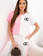 Dámsky maslový set s oversize mikinou a širokými nohavicami svetlo ružová + biela