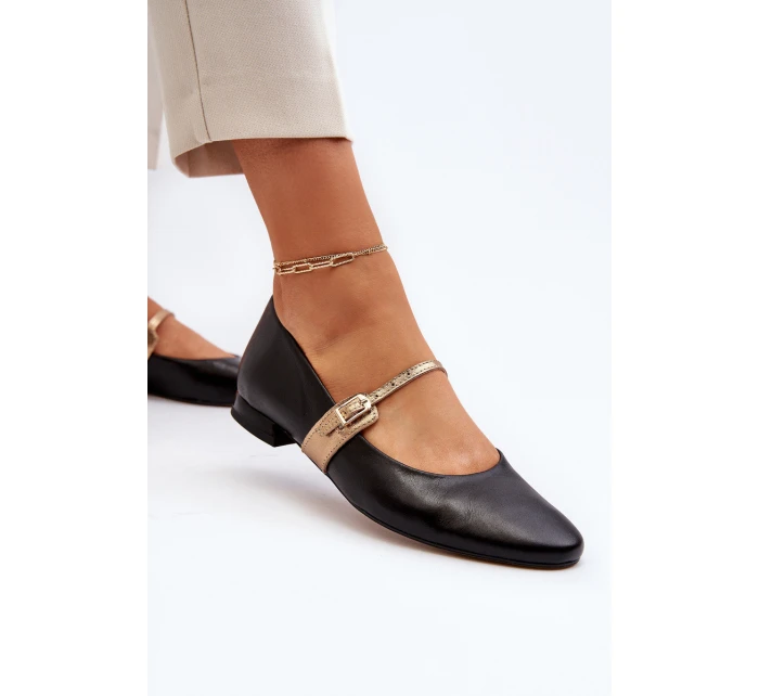 Skórzane Baleriny Damskie Na Płaskim Obcasie Laura Messi 2774 Czarne