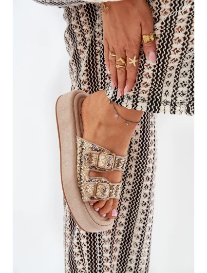 Klapki Damskie Na Platformie Z Klamrami I Plecionką Khaki Limme Klapki Damskie Na Platformie Z Klamrami I Plecionką Khaki Limme