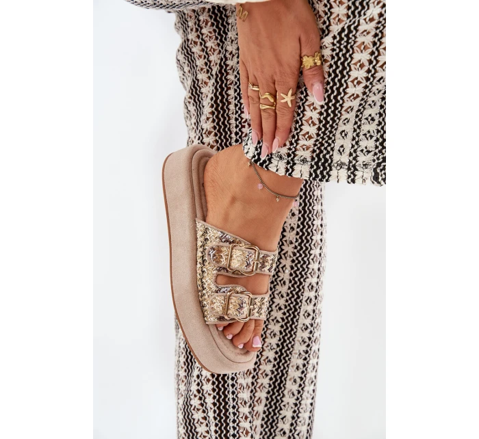 Klapki Damskie Na Platformie Z Klamrami I Plecionką Khaki Limme Klapki Damskie Na Platformie Z Klamrami I Plecionką Khaki Limme