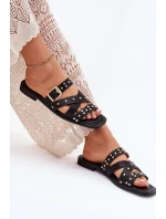 Zdobené Dámské Pantofle Na Plochém Podpatku S Pásky A Přezkou Černé model 21699522 - Boto Zdobené Dámské Pantofle Na Plochém Podpatku S Pásky A Přezkou Černé model 21699522 - Boto