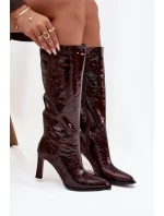 Skórzane Lakierowane Kozaki Damskie  Ocieplane D&A CR52-716 Bordowe